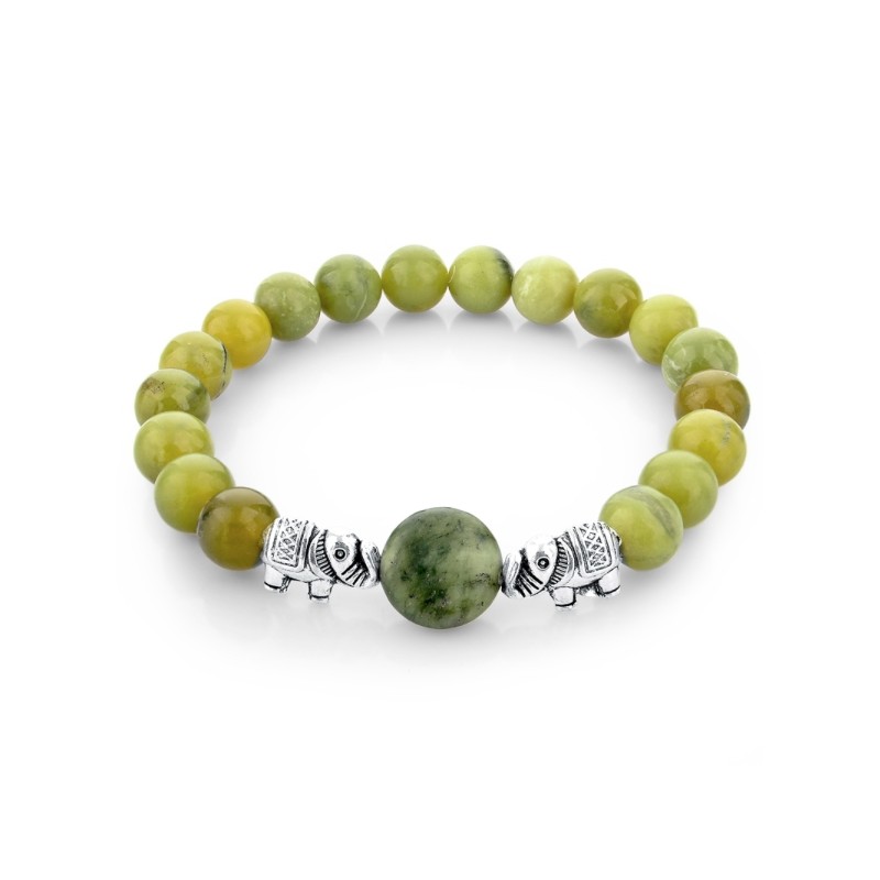 Contas de pedra natural verde / elefante de prata - pulseira