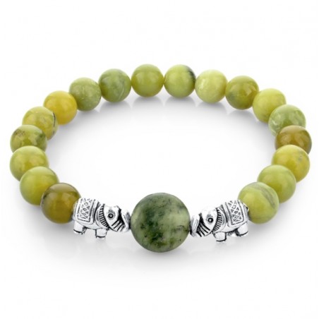 Contas de pedra natural verde / elefante de prata - pulseira