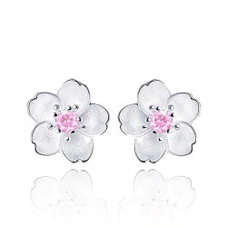 Flor de cerejeira com zircônia rosa - brincos - prata de lei 925