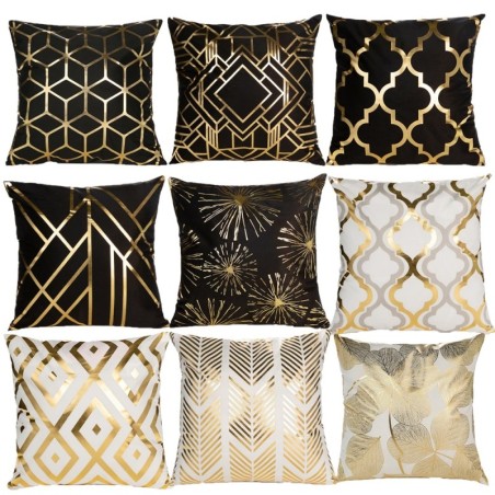 Capa de almofada branca/preta - padrão geométrico dourado - 45cm * 45cm