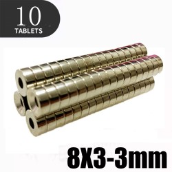 N35 - ímã de neodímio - disco forte - 8mm * 3mm - com furo de 3mm - 10 peças