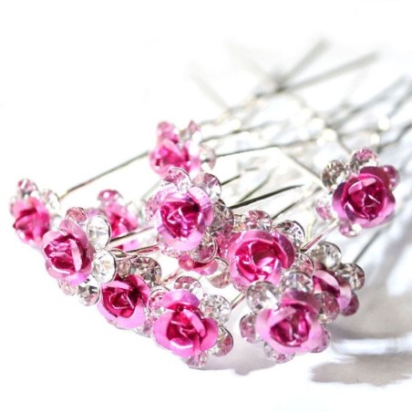 Alfinetes de cabelo prateados - rosas coloridas / cristais - 20 peças