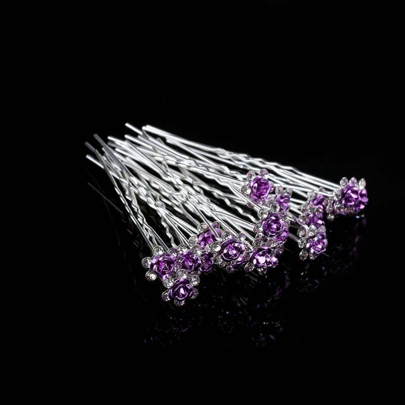 Alfinetes de cabelo prateados - rosas coloridas / cristais - 20 peças