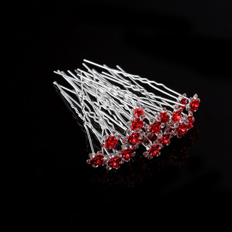 Alfinetes de cabelo prateados - rosas coloridas / cristais - 20 peças