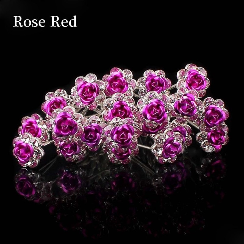 Alfinetes de cabelo prateados - rosas coloridas / cristais - 20 peças
