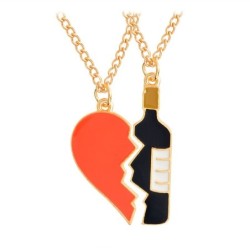 Emenda de coração / garrafa de vinho vermelha quebrada - colar dourado - 2 peças
