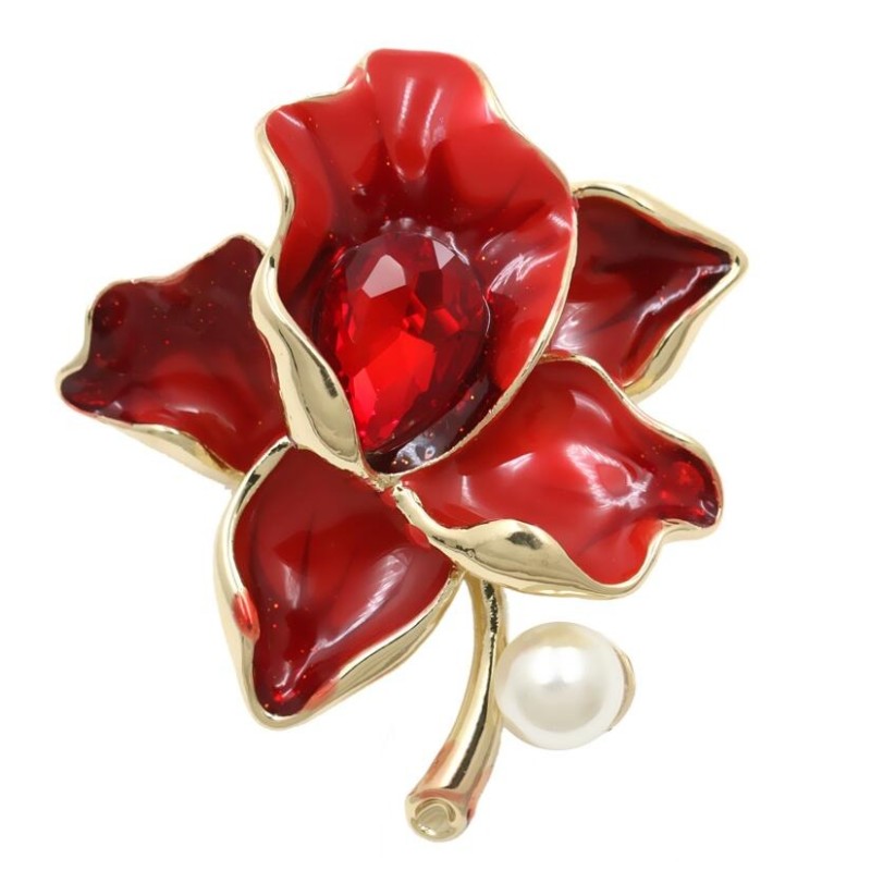 Flor com cristal/pérola - broche dourado