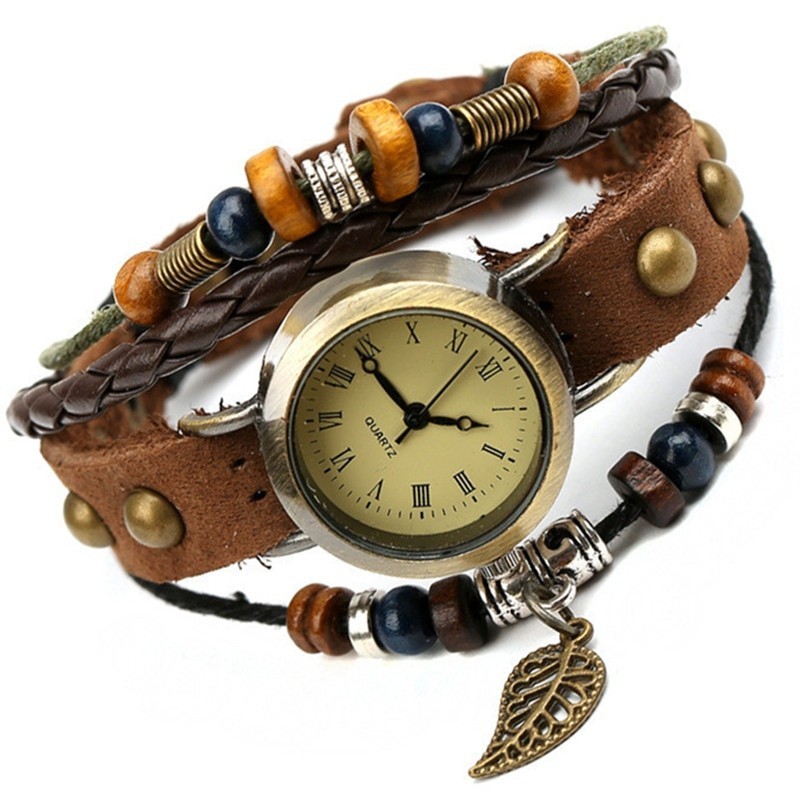 Pulseira de couro multicamada vintage - com relógio de quartzo / miçangas