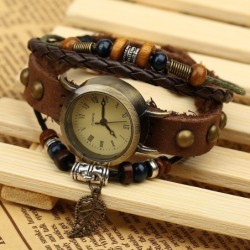 Pulseira de couro multicamada vintage - com relógio de quartzo / miçangas