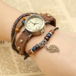 Vintage multi layer leather bracelet - with Quartz watch / beadsWatches