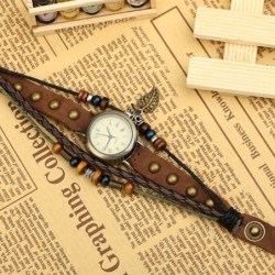 Pulseira de couro multicamada vintage - com relógio de quartzo / miçangas