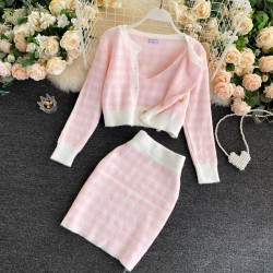 Knitted plaid set - skirt - vest - cardiganDresses