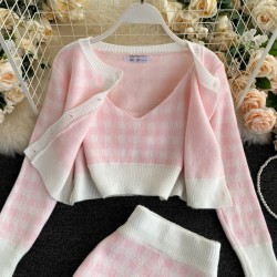 Knitted plaid set - skirt - vest - cardiganDresses