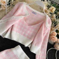 Knitted plaid set - skirt - vest - cardiganDresses