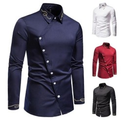 Camisa assimétrica de manga comprida - bordado dourado decorativo