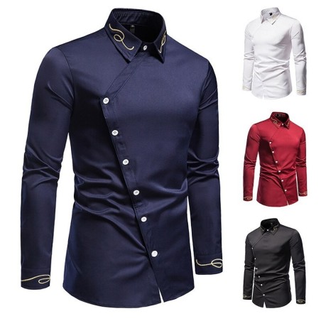 Camisa assimétrica de manga comprida - bordado dourado decorativo
