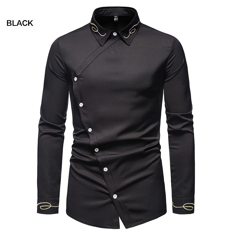 Camisa assimétrica de manga comprida - bordado dourado decorativo