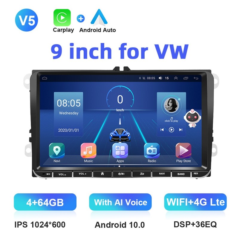 Auto rádio - 2 Din - 9 polegadas - Android 10 - 4GB - 64GB - Bluetooth - GPS - carplay - para Volkswagen Golf 5 6 Passat