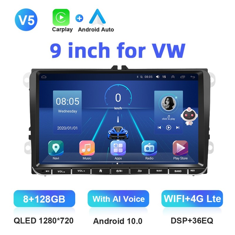 Car radio - 2 Din - 9 inch - Android 10 - 8GB - 128GB - Bluetooth - GPS - carplay - for Volkswagen Golf 5 6 PassatDin 2