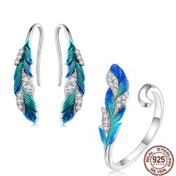 Elegante conjunto de joias - brincos - anel - pena azul esverdeada com cristais - prata de lei 925
