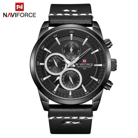 NAVIFORCE - elegante relógio de quartzo - pulseira de couro - à prova d'água - preto