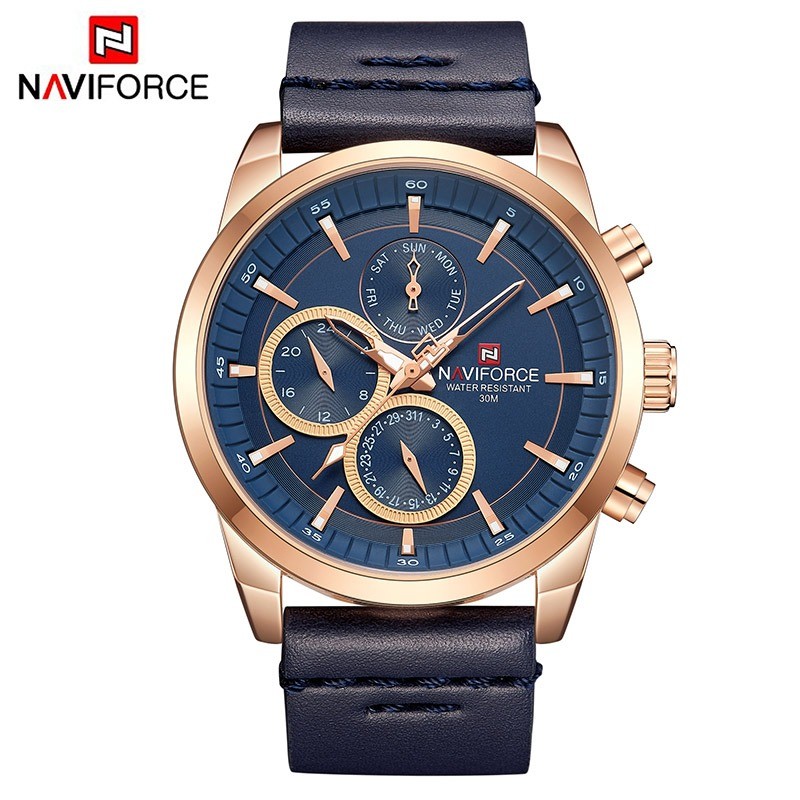 NAVIFORCE - elegante relógio de quartzo - pulseira de couro - à prova d'água - ouro rosa / azul