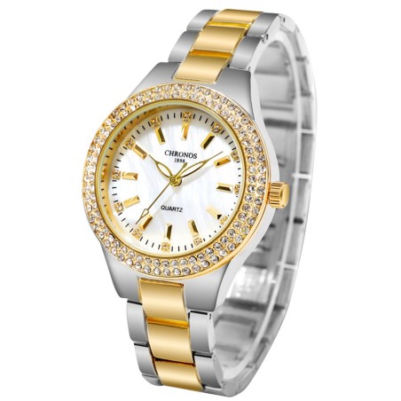 Relógio luxuoso de quartzo - com strass - à prova d'água - aço inoxidável