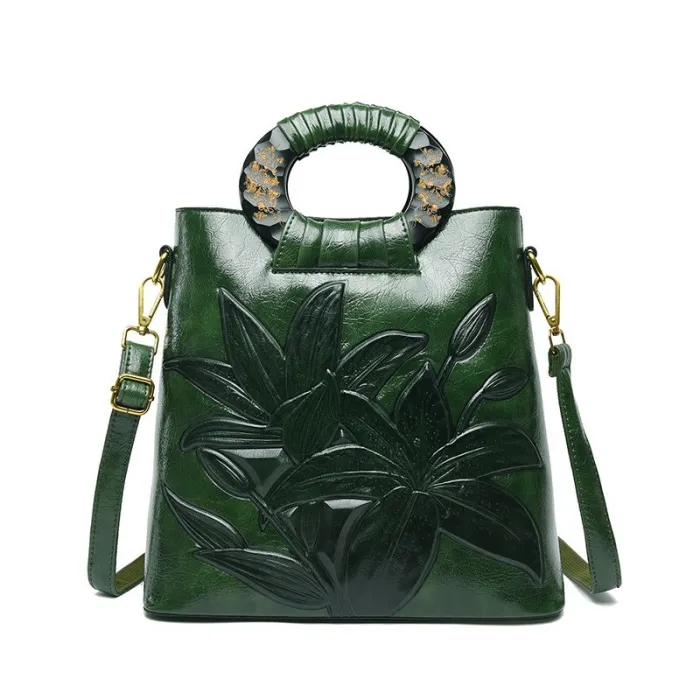 Elegant leather shoulder bag - printed flowersHandbags