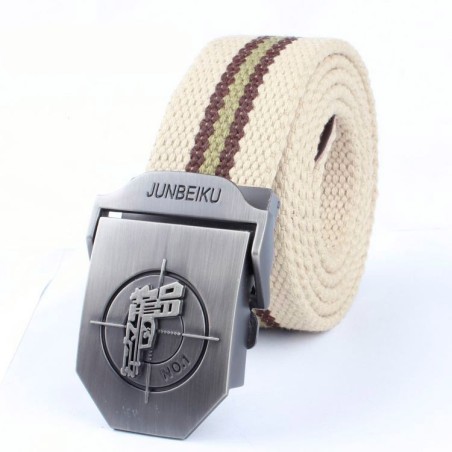 Cinto militar de lona - fivela de metal com pistola - design de listras duplas
