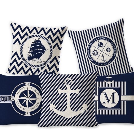 Capa de almofada decorativa azul - oceano / barco / leme - 50cm * 50cm
