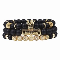 Pulseira de contas pretas com coroa - 3 peças