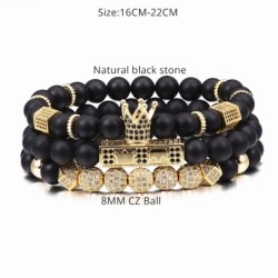 Pulseira de contas pretas com coroa - 3 peças