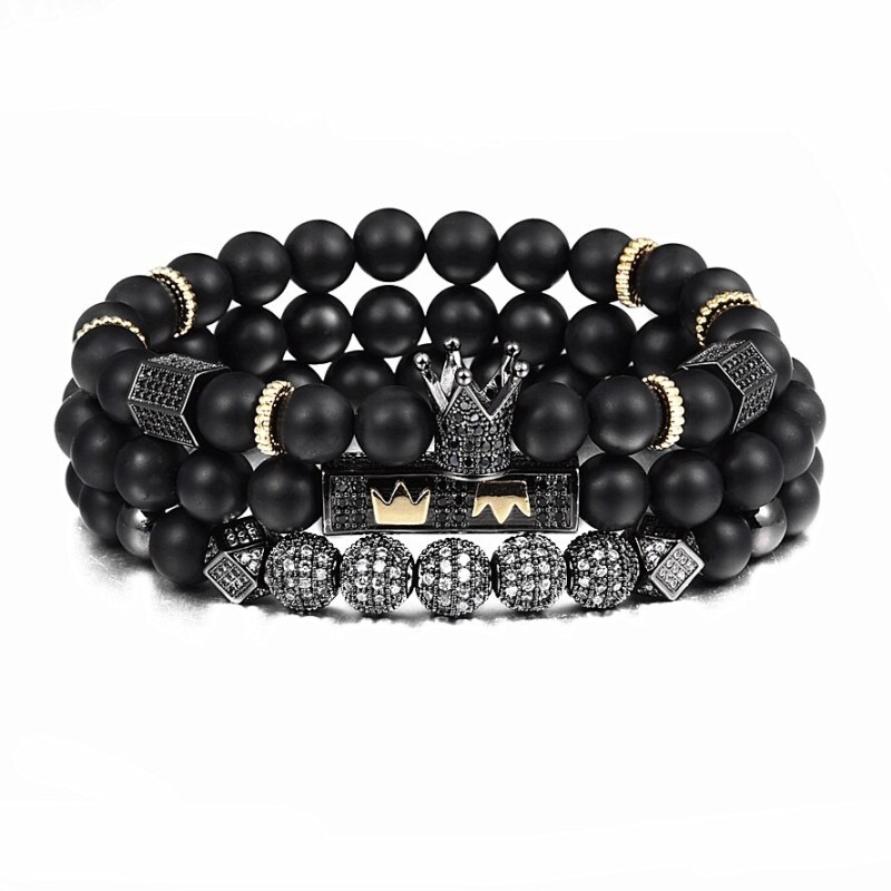 Black beads bracelet with a crown - 3 piecesBracelets