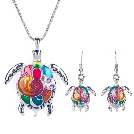 Conjunto de joias com tartaruga arco-íris - colar / brincos