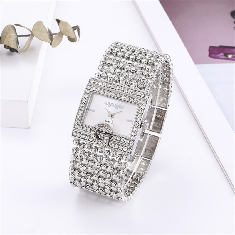 Relógio elegante de quartzo - pulseira larga de cristal