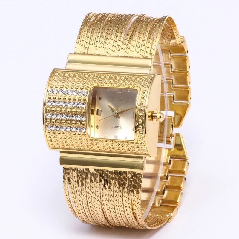 Luxuoso relógio de quartzo com cristais - pulseira larga em ouro