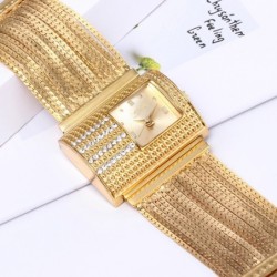 Luxuoso relógio de quartzo com cristais - pulseira larga em ouro