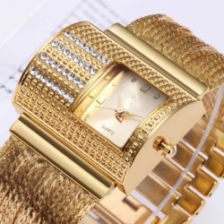 Luxuoso relógio de quartzo com cristais - pulseira larga em ouro