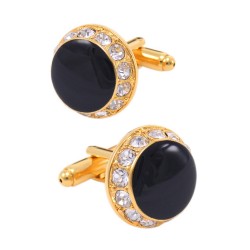 Luxuosas abotoaduras redondas douradas - cristais brancos / esmalte preto