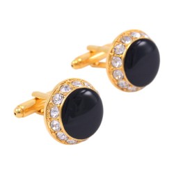 Luxuosas abotoaduras redondas douradas - cristais brancos / esmalte preto