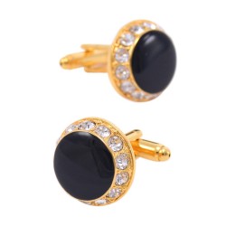 Luxuosas abotoaduras redondas douradas - cristais brancos / esmalte preto