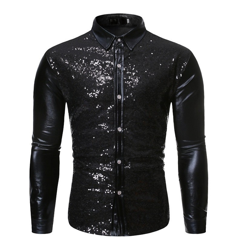 Camisa metálica brilhante de manga longa - com enfeites de lantejoulas
