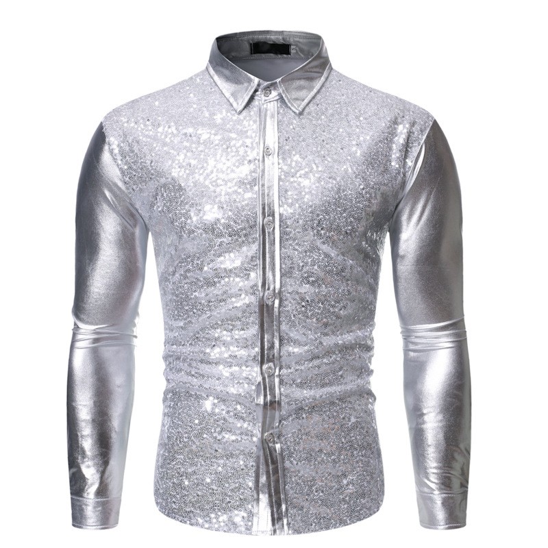 Camisa metálica brilhante de manga longa - com enfeites de lantejoulas