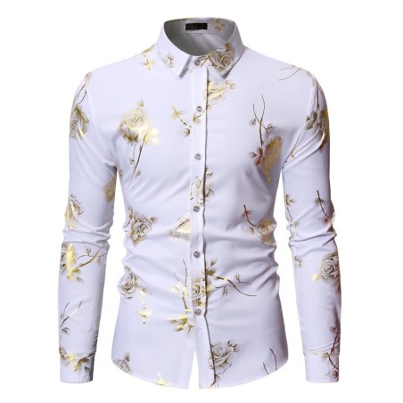 Camisa luxuosa de manga comprida - rosas douradas estampadas
