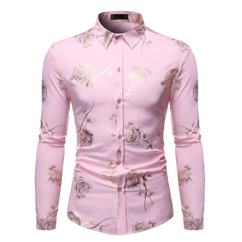 Camisa luxuosa de manga comprida - rosas douradas estampadas
