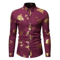 Camisa luxuosa de manga comprida - rosas douradas estampadas
