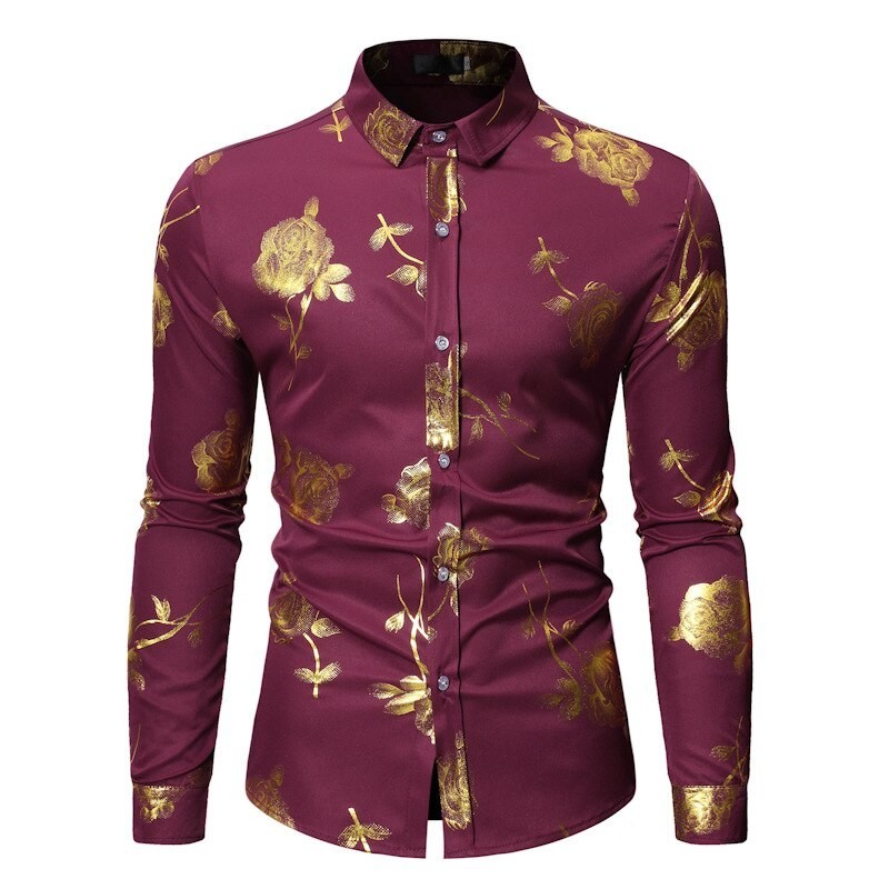 Camisa luxuosa de manga comprida - rosas douradas estampadas