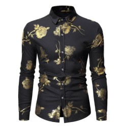 Camisa luxuosa de manga comprida - rosas douradas estampadas