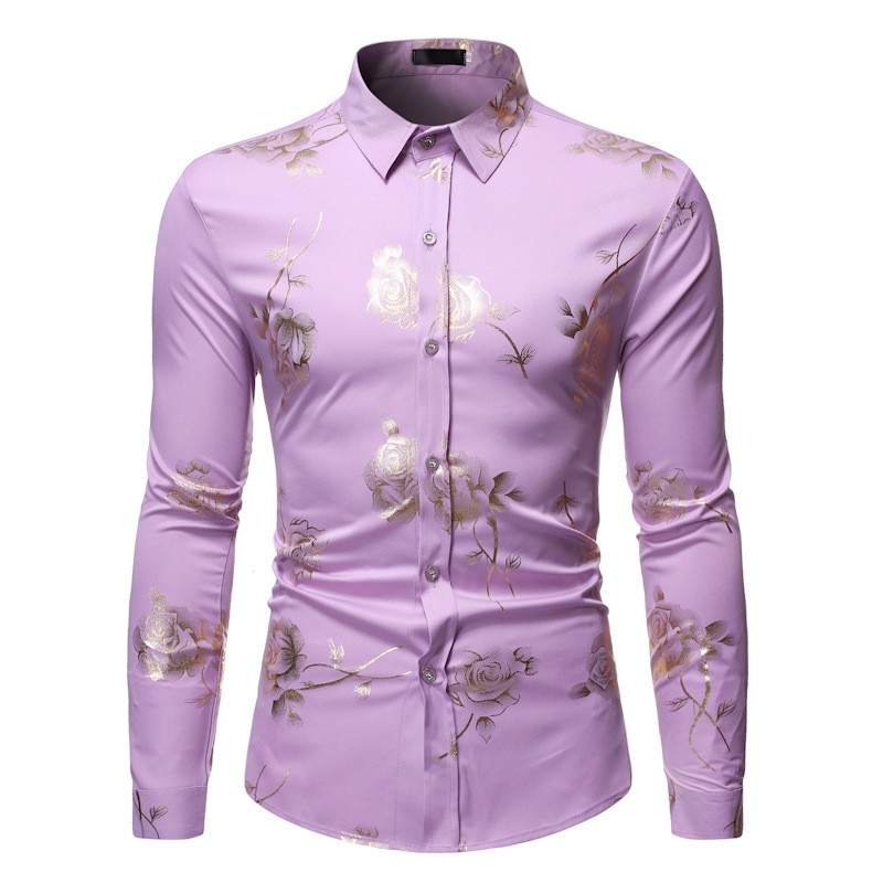 Camisa luxuosa de manga comprida - rosas douradas estampadas