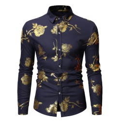 Camisa luxuosa de manga comprida - rosas douradas estampadas